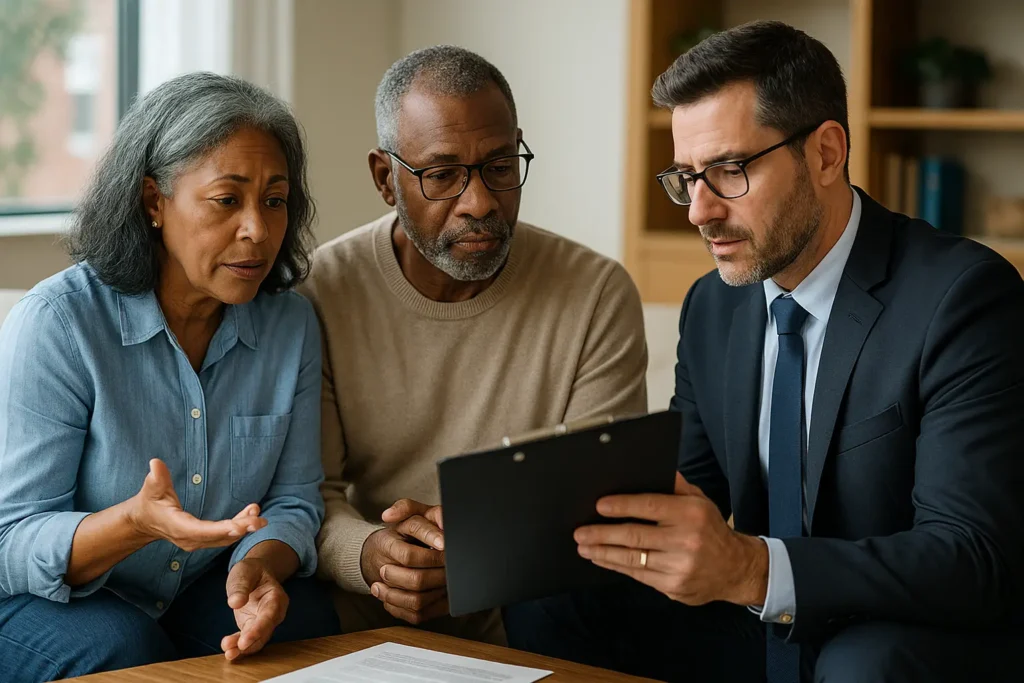 Couple consulting with family law attorney, discussing legal documents and options for estate planning in a supportive environment.