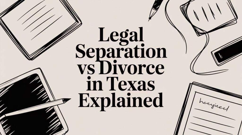 Legal separation vs divorce in Texas explained with notebooks and a pencil, emphasizing family law guidance for Humble families.