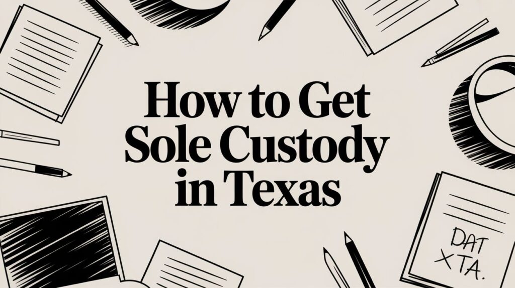 How to Get Sole Custody in Texas text surrounded by pens and notebooks, emphasizing legal guidance for custody matters.