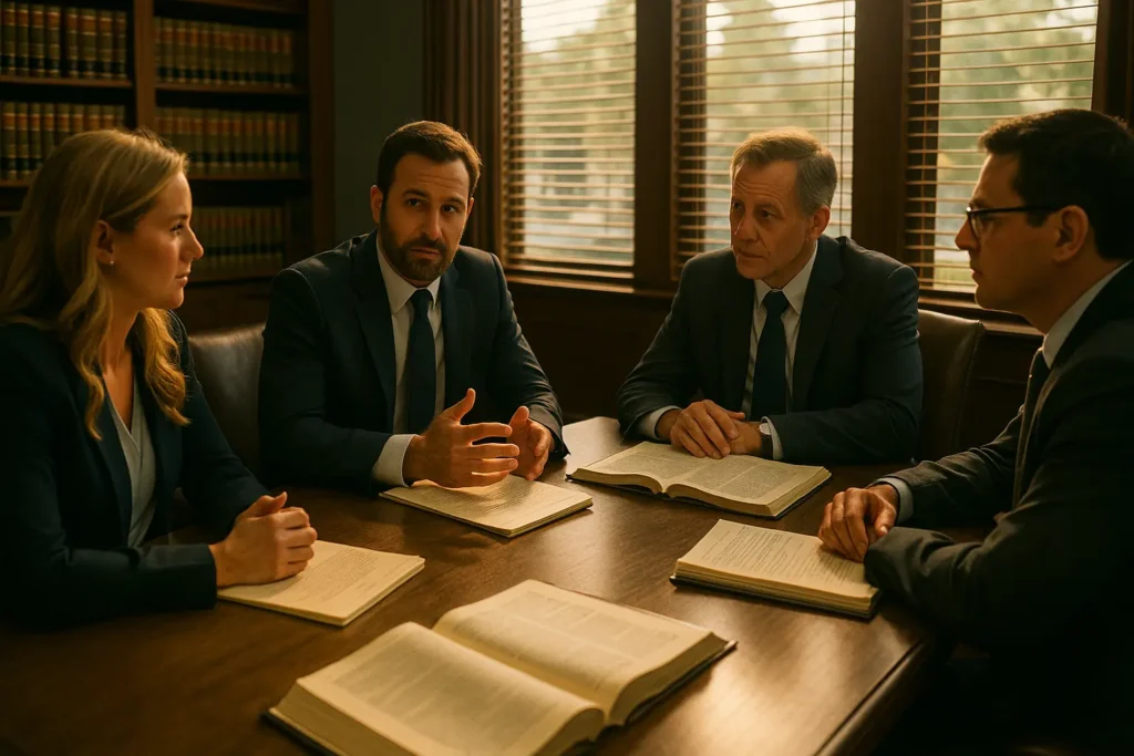 Four attorneys discussing legal strategies at a conference table, surrounded by law books, reflecting the Law Office of Bryan Fagan's commitment to family law and client support in Humble, TX.
