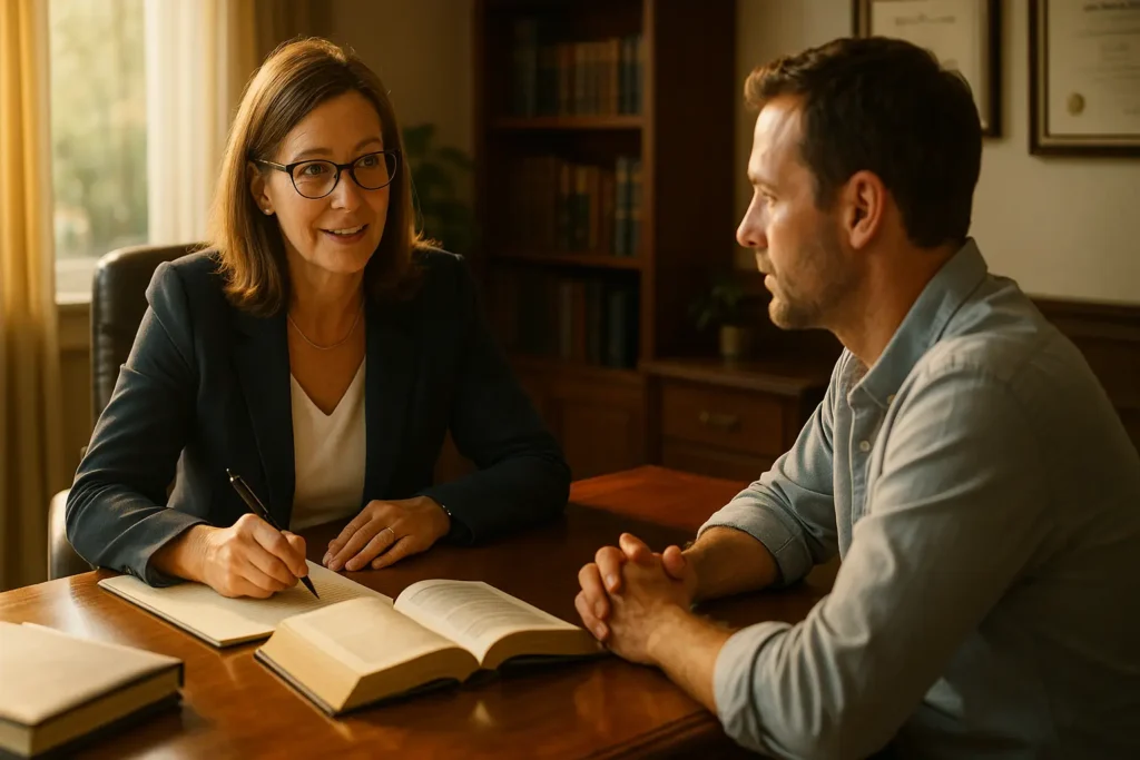 Lawyer consulting with a client, discussing legal matters, surrounded by books and documents in a professional office setting.